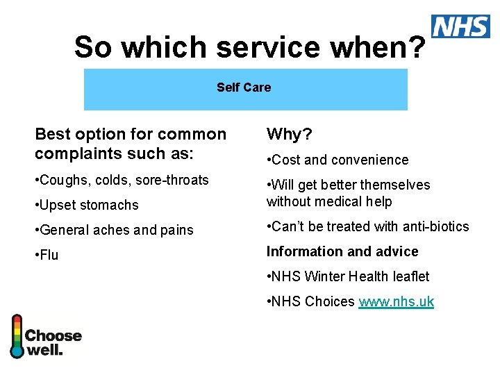 So which service when? Self Care Best option for common complaints such as: Why?