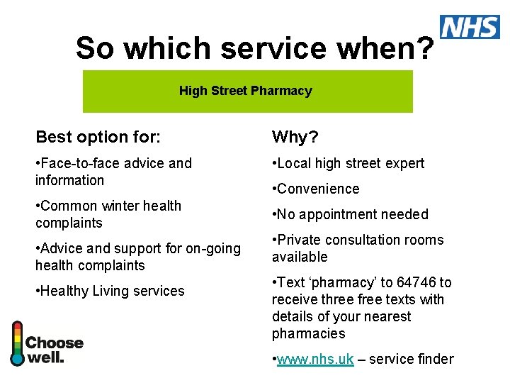 So which service when? High Street Pharmacy Best option for: Why? • Face-to-face advice