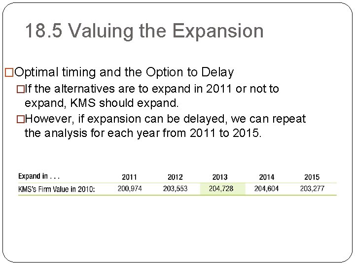 18. 5 Valuing the Expansion �Optimal timing and the Option to Delay �If the