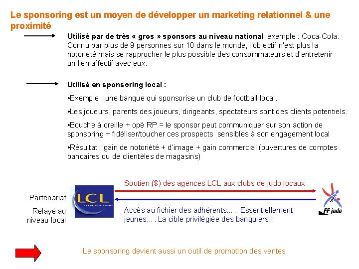 Le sponsoring est un moyen de développer un marketing relationnel & une proximité Utilisé