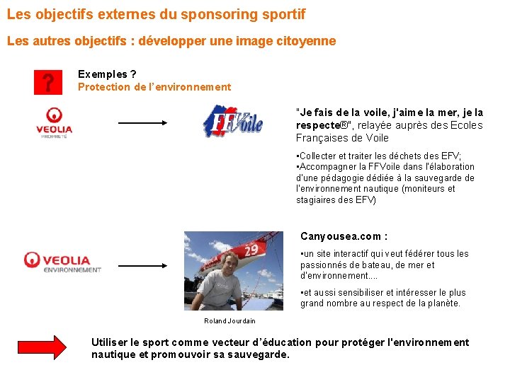 Les objectifs externes du sponsoring sportif Les autres objectifs : développer une image citoyenne