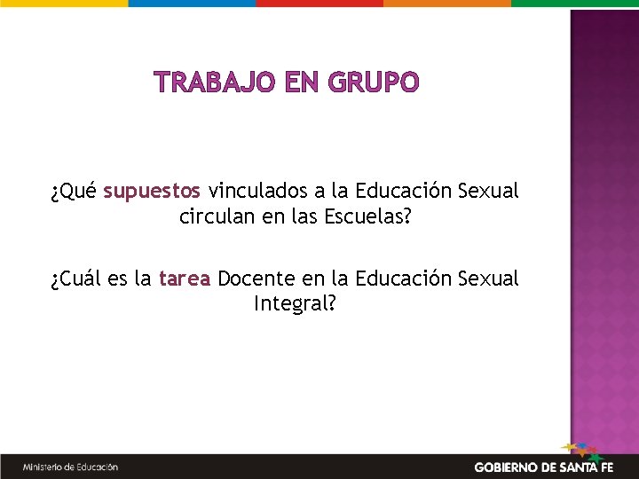 TRABAJO EN GRUPO ¿Qué supuestos vinculados a la Educación Sexual circulan en las Escuelas?