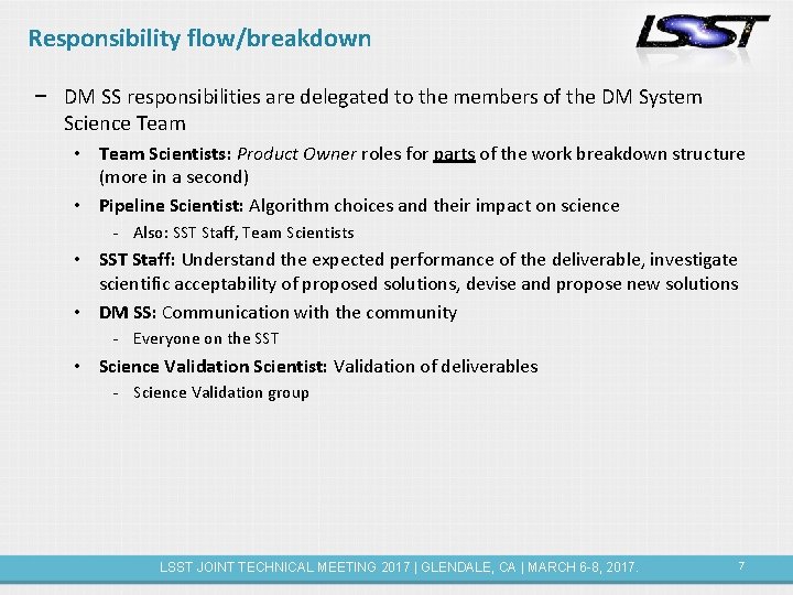 Responsibility flow/breakdown − DM SS responsibilities are delegated to the members of the DM
