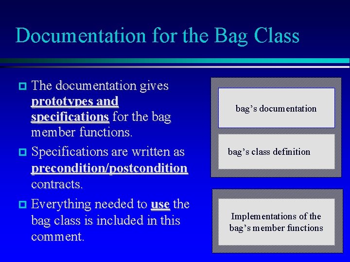 Documentation for the Bag Class The documentation gives prototypes and specifications for the bag