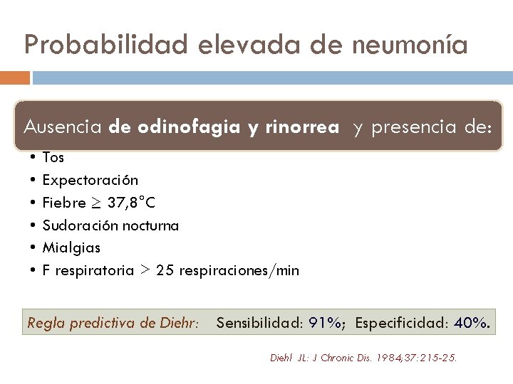 Probabilidad elevada de neumonía Ausencia de odinofagia y rinorrea y presencia de: • •