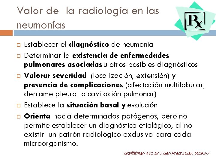 Valor de la radiología en las neumonías Establecer el diagnóstico de neumonía Determinar la