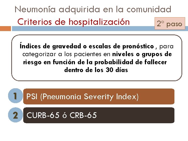 Neumonía adquirida en la comunidad Criterios de hospitalización 2º paso Índices de gravedad o