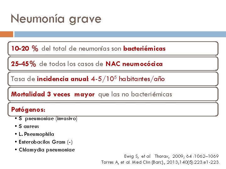 Neumonía grave 10 -20 % del total de neumonías son bacteriémicas 25 -45% de