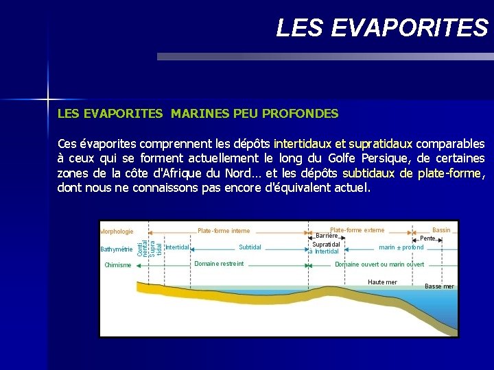 LES EVAPORITES MARINES PEU PROFONDES Ces évaporites comprennent les dépôts intertidaux et supratidaux comparables