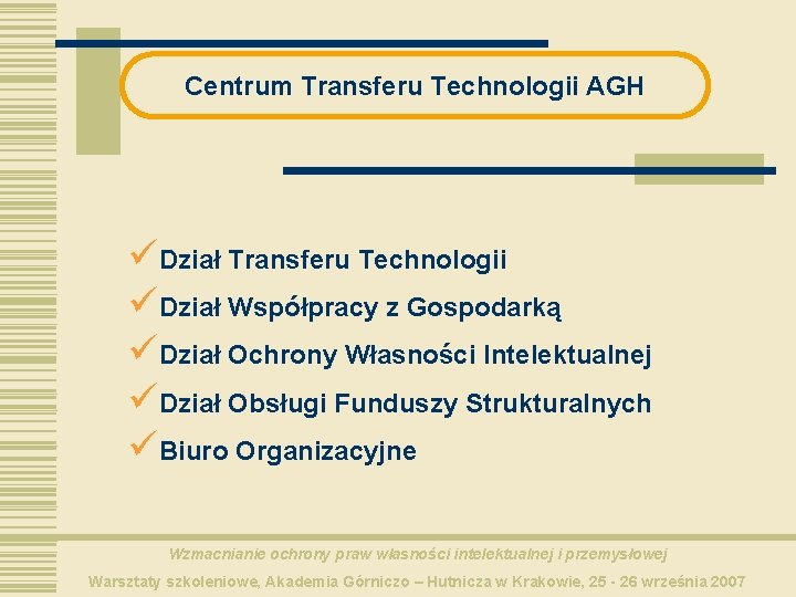 Centrum Transferu Technologii AGH üDział Transferu Technologii üDział Współpracy z Gospodarką üDział Ochrony Własności