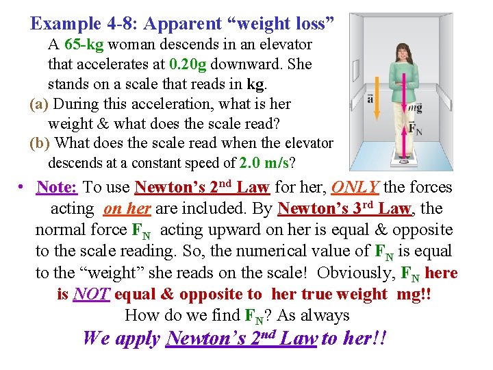 Example 4 -8: Apparent “weight loss” A 65 -kg woman descends in an elevator