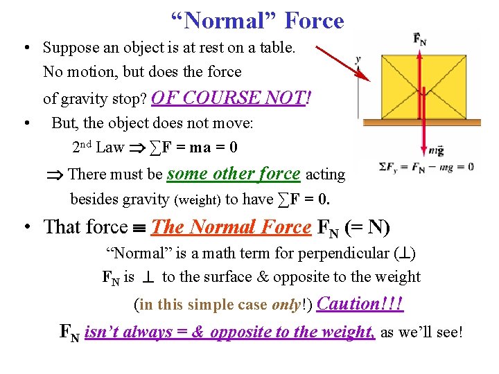 “Normal” Force • Suppose an object is at rest on a table. No motion,