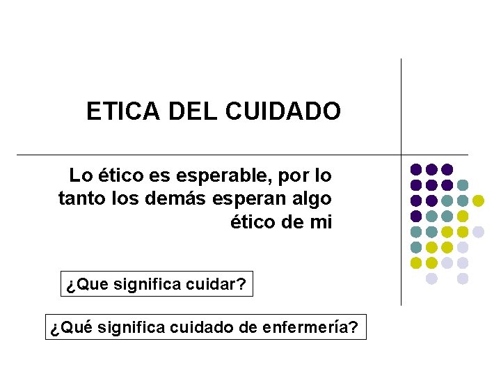 ETICA DEL CUIDADO Lo ético es esperable, por lo tanto los demás esperan algo