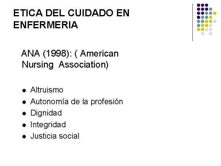 ETICA DEL CUIDADO EN ENFERMERIA ANA (1998): ( American Nursing Association) l l l