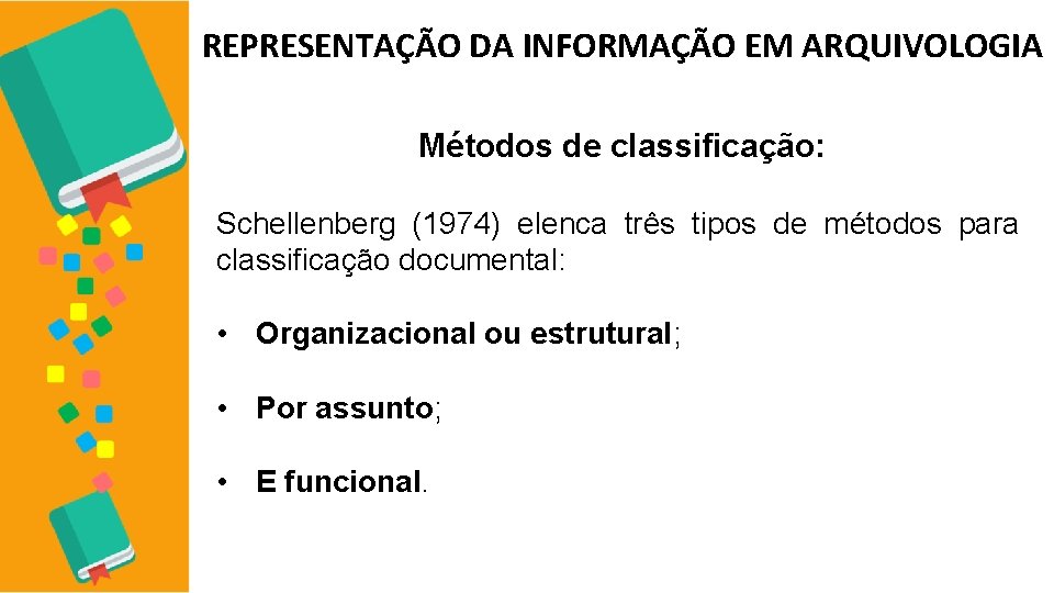 REPRESENTAÇÃO DA INFORMAÇÃO EM ARQUIVOLOGIA Métodos de classificação: Schellenberg (1974) elenca três tipos de