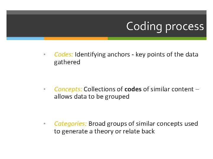 Coding process • Codes: Identifying anchors - key points of the data gathered •