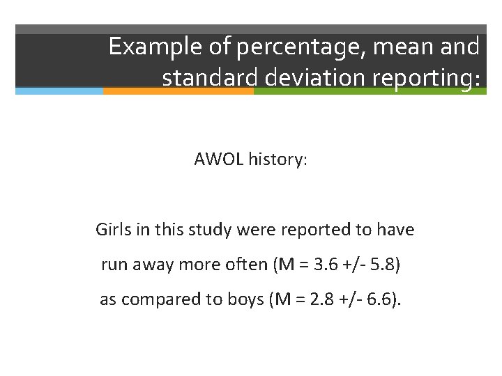 Example of percentage, mean and standard deviation reporting: AWOL history: Girls in this study