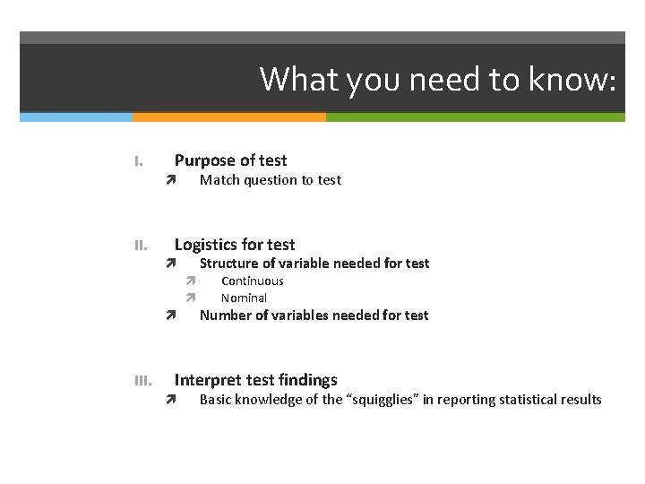 What you need to know: I. Purpose of test Match question to test II.