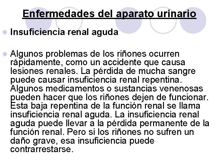 Enfermedades del aparato urinario l Insuficiencia renal aguda l Algunos problemas de los riñones