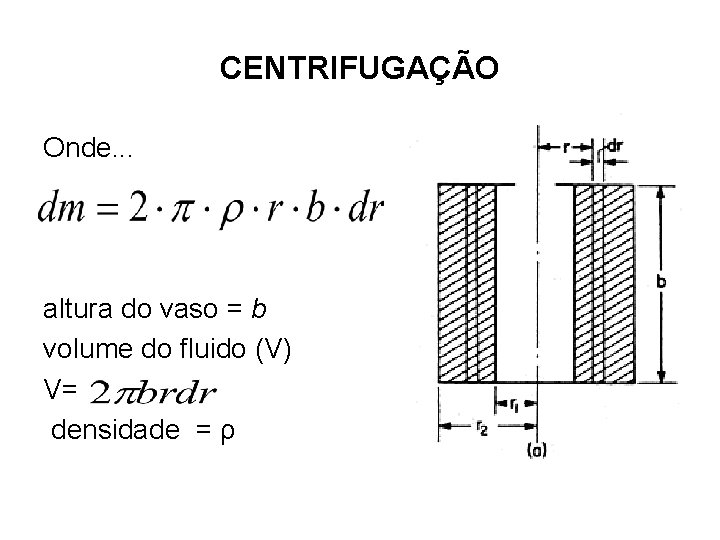 CENTRIFUGAÇÃO Onde. . . altura do vaso = b volume do fluido (V) V=