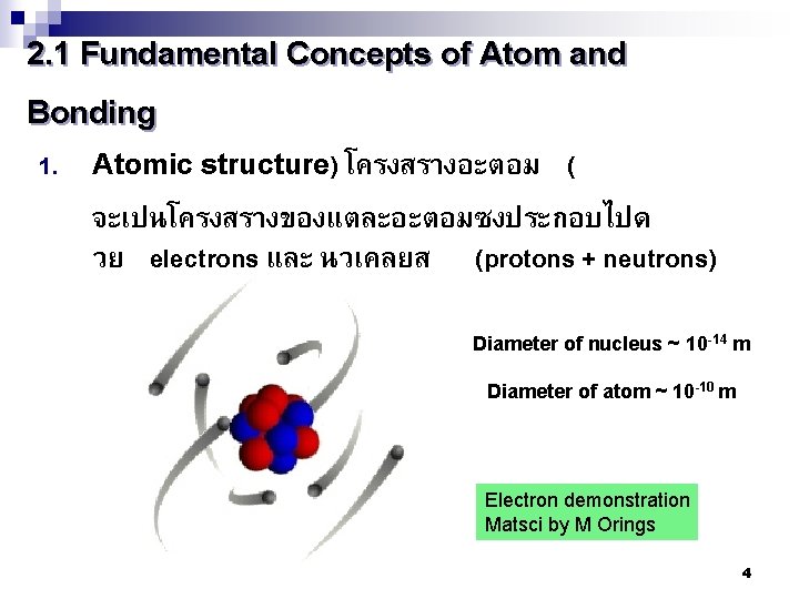 2. 1 Fundamental Concepts of Atom and Bonding 1. Atomic structure) โครงสรางอะตอม ( จะเปนโครงสรางของแตละอะตอมซงประกอบไปด