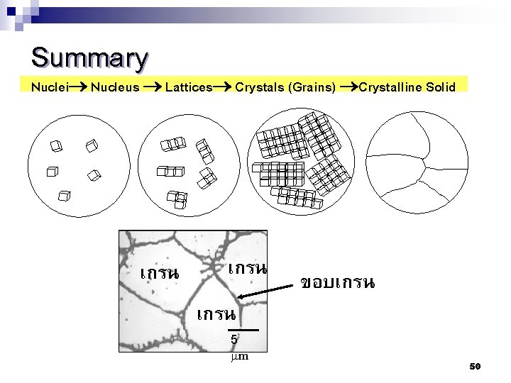 Summary Nuclei Nucleus Lattices Crystals (Grains) Crystalline Solid เกรน 5 mm ขอบเกรน 50 