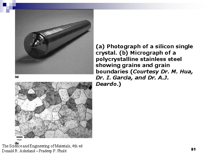 (a) Photograph of a silicon single crystal. (b) Micrograph of a polycrystalline stainless steel