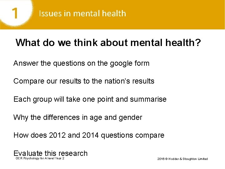 Issues in mental health What do we think about mental health? Answer the questions