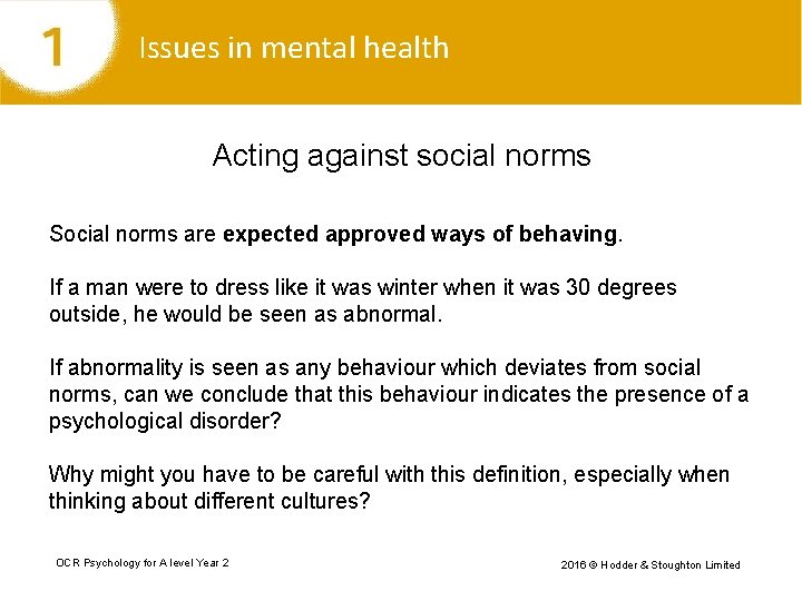Issues in mental health Acting against social norms Social norms are expected approved ways