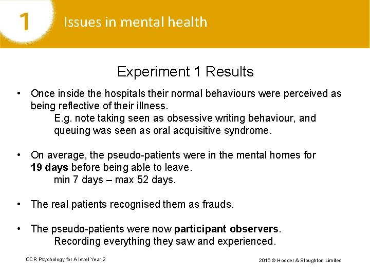 Issues in mental health Experiment 1 Results • Once inside the hospitals their normal
