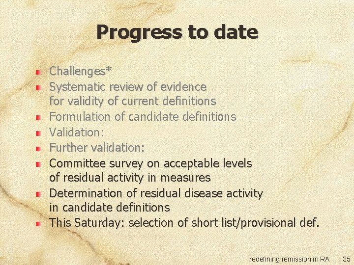 Progress to date Challenges* Systematic review of evidence for validity of current definitions Formulation