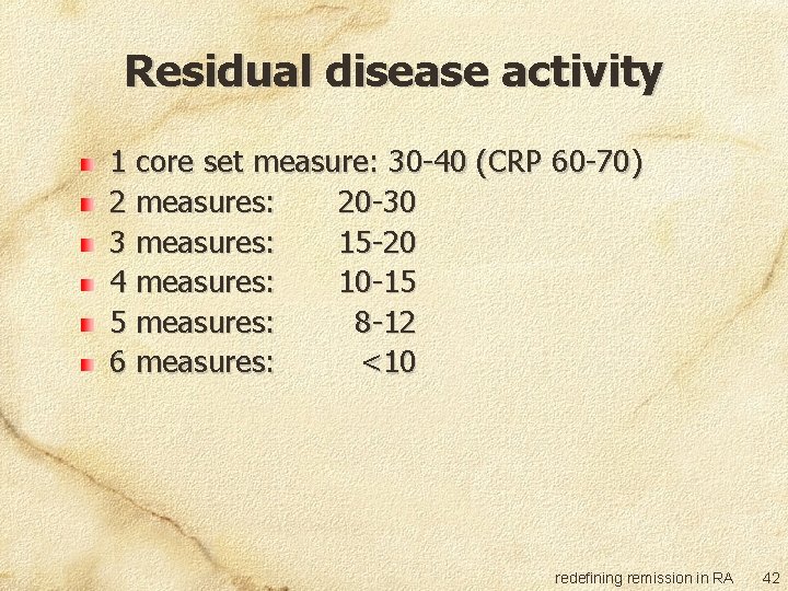 Residual disease activity 1 core set measure: 30 -40 (CRP 60 -70) 2 measures: