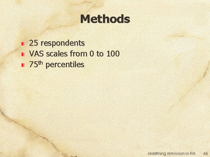 Methods 25 respondents VAS scales from 0 to 100 75 th percentiles redefining remission