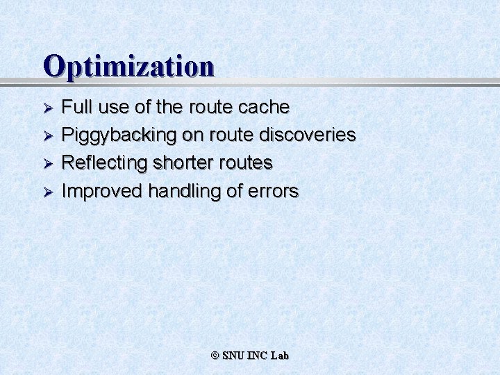 Optimization Ø Ø Full use of the route cache Piggybacking on route discoveries Reflecting