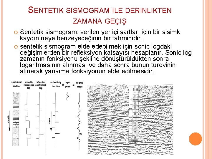 SENTETIK SISMOGRAM ILE DERINLIKTEN ZAMANA GEÇIŞ Sentetik sismogram; verilen yer içi şartları için bir