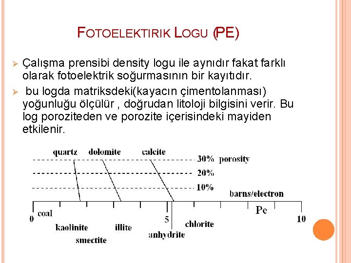 FOTOELEKTIRIK LOGU (PE) Ø Ø Çalışma prensibi density logu ile aynıdır fakat farklı olarak