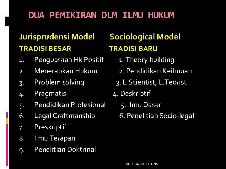 DUA PEMIKIRAN DLM ILMU HUKUM Jurisprudensi Model Sociological Model TRADISI BESAR TRADISI BARU 1.