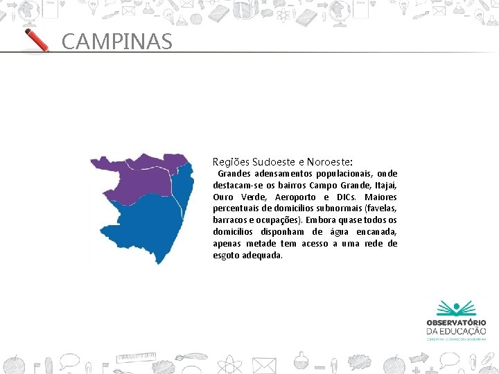 CAMPINAS Regiões Sudoeste e Noroeste: Grandes adensamentos populacionais, onde destacam-se os bairros Campo Grande,