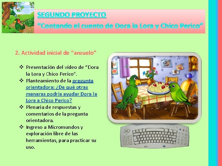 SEGUNDO PROYECTO “Contando el cuento de Dora la Lora y Chico Perico” 2. Actividad