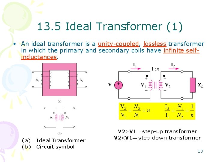 13. 5 Ideal Transformer (1) • An ideal transformer is a unity-coupled, lossless transformer