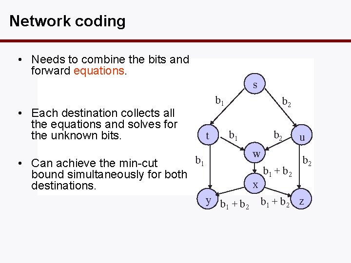 Network coding • Needs to combine the bits and forward equations. s b 1