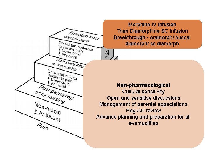 Morphine IV infusion Then Diamorphine SC infusion Breakthrough - oramorph/ buccal diamorph/ sc diamorph