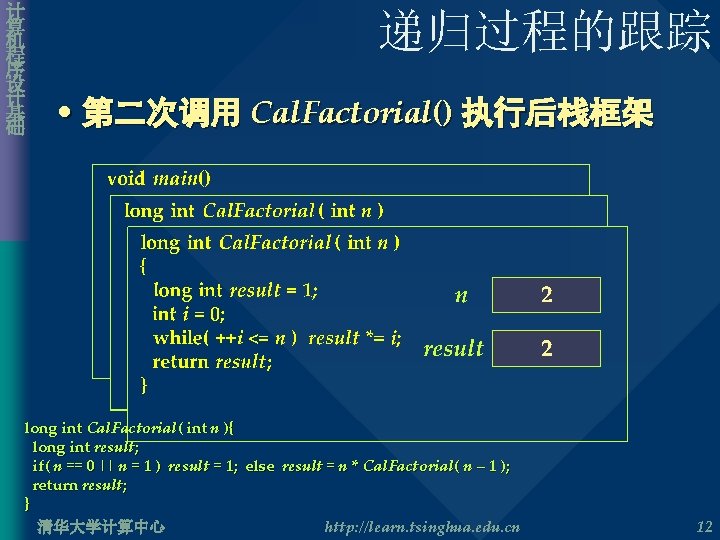 计 算 机 程 序 设 计 基 础 递归过程的跟踪 • 第二次调用 Cal. Factorial()