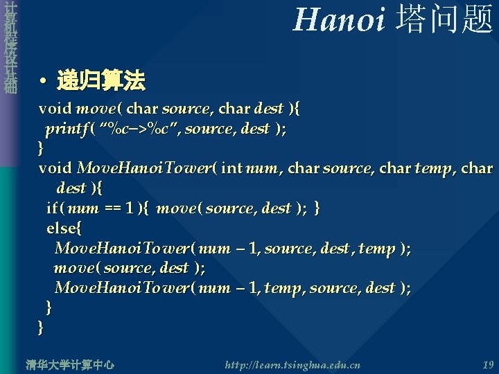 计 算 机 程 序 设 计 基 础 Hanoi 塔问题 • 递归算法 void