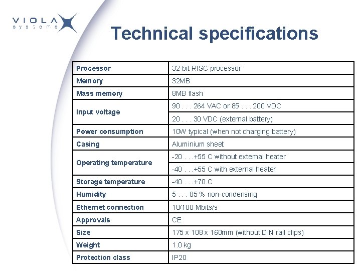 Technical specifications Processor 32 -bit RISC processor Memory 32 MB Mass memory 8 MB