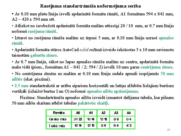 Rasējuma standartrāmīša noformējuma secība • Ar 0. 18 mm platu līniju ievelk apdarinātā formāta Rasējuma standartrāmīša noformējuma secība • Ar 0. 18 mm platu līniju ievelk apdarinātā formāta