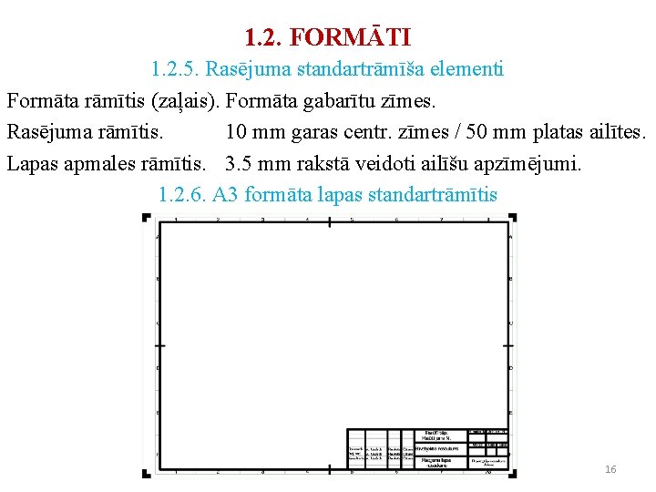 1. 2. FORMĀTI 1. 2. 5. Rasējuma standartrāmīša elementi Formāta rāmītis (zaļais). Formāta gabarītu 1. 2. FORMĀTI 1. 2. 5. Rasējuma standartrāmīša elementi Formāta rāmītis (zaļais). Formāta gabarītu