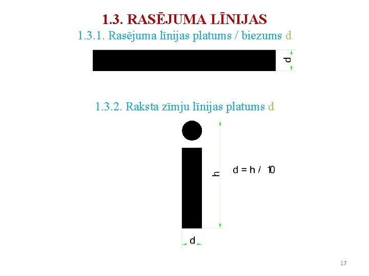 1. 3. RASĒJUMA LĪNIJAS 1. 3. 1. Rasējuma līnijas platums / biezums d 1. 1. 3. RASĒJUMA LĪNIJAS 1. 3. 1. Rasējuma līnijas platums / biezums d 1.