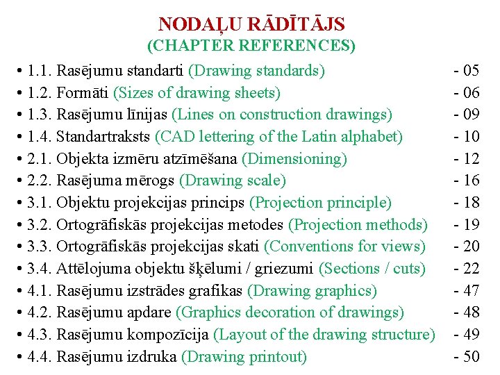 NODAĻU RĀDĪTĀJS (CHAPTER REFERENCES) • 1. 1. Rasējumu standarti (Drawing standards) • 1. 2. NODAĻU RĀDĪTĀJS (CHAPTER REFERENCES) • 1. 1. Rasējumu standarti (Drawing standards) • 1. 2.