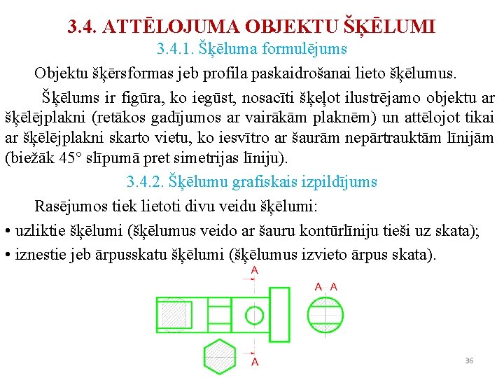 3. 4. ATTĒLOJUMA OBJEKTU ŠĶĒLUMI 3. 4. 1. Šķēluma formulējums Objektu šķērsformas jeb profila 3. 4. ATTĒLOJUMA OBJEKTU ŠĶĒLUMI 3. 4. 1. Šķēluma formulējums Objektu šķērsformas jeb profila